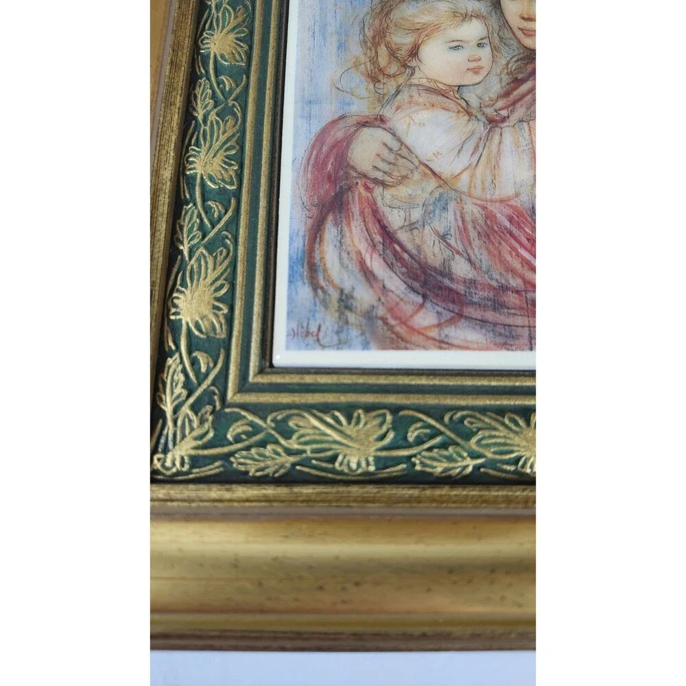 2 Signed Edna Hibel Framed Ceramic Tile Pieces 